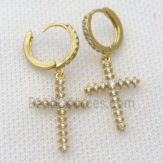 copper Hoop Earrings pave zircon with cross, gold plated