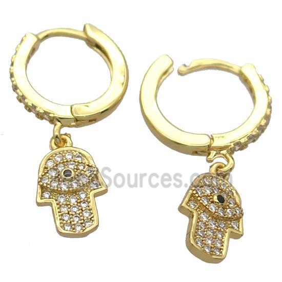 copper Hoop Earrings pave zircon with hamsahand, gold plated