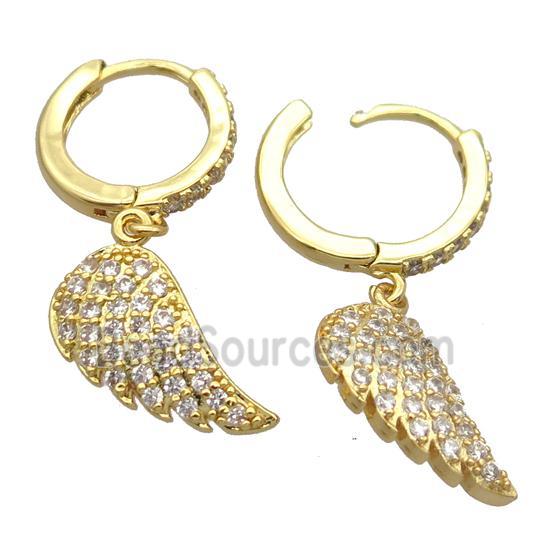 copper Hoop Earrings pave zircon with angelwings, gold plated