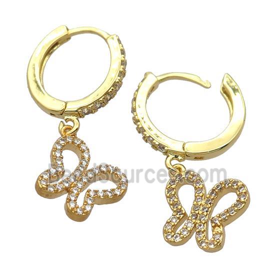 copper Hoop Earrings pave zircon with butterfly, gold plated