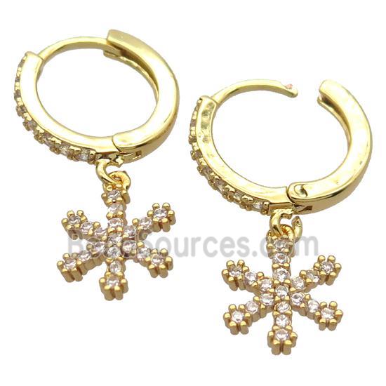 copper Hoop Earrings pave zircon with snowflake, gold plated