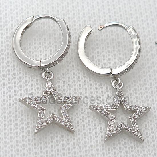 copper Hoop Earrings pave zircon with star, platinum plated