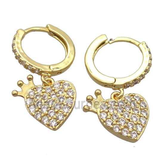 copper Hoop Earrings pave zircon with heart, gold plated