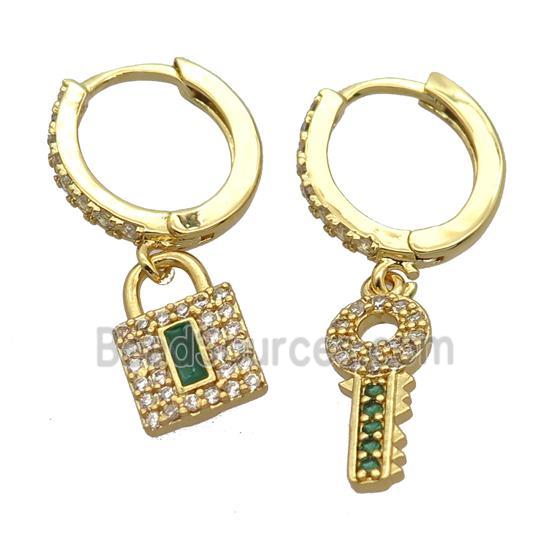 copper Hoop Earrings pave zircon with keyLock, gold plated