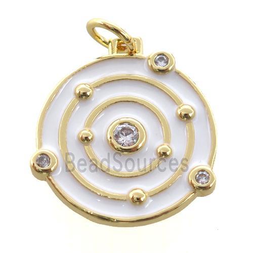 copper circle pendant pave zircon, enamel, planet, gold plated