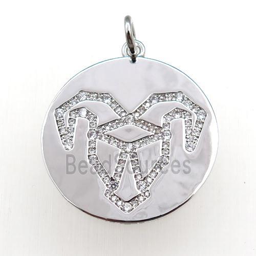 copper circle pendant pave zircon, zodiac Aries, platinum plated