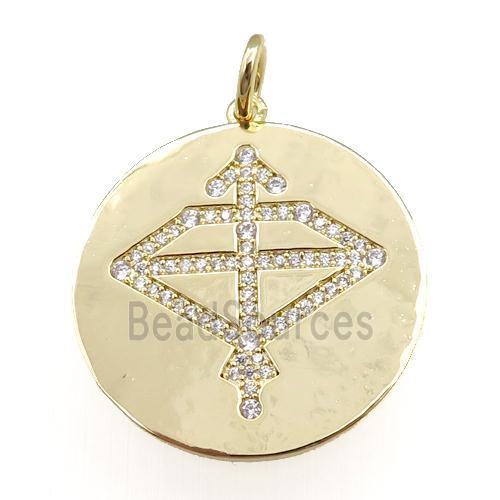 copper circle pendant pave zircon, zodiac Sagittarius, gold plated