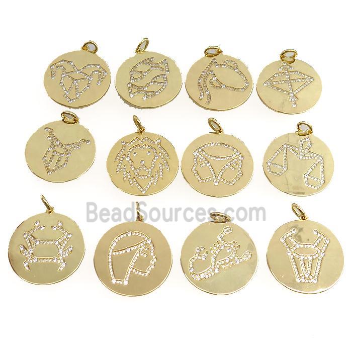 copper circle pendant pave zircon, mixed zodiac, gold plated