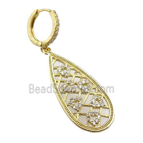 copper Hoop Earrings with teardrop pave zircon, gold plated