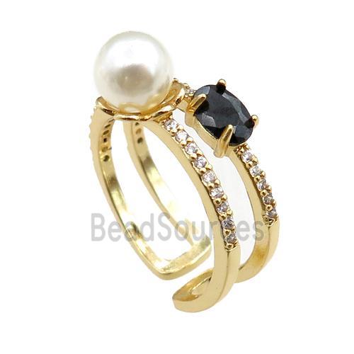 copper Rings paved zircon with pearlized plastic, adjustable, gold plated