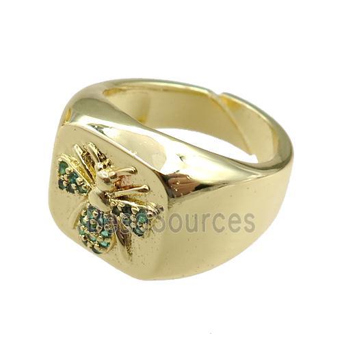 copper Rings paved zircon with honeybee, adjustable, gold plated