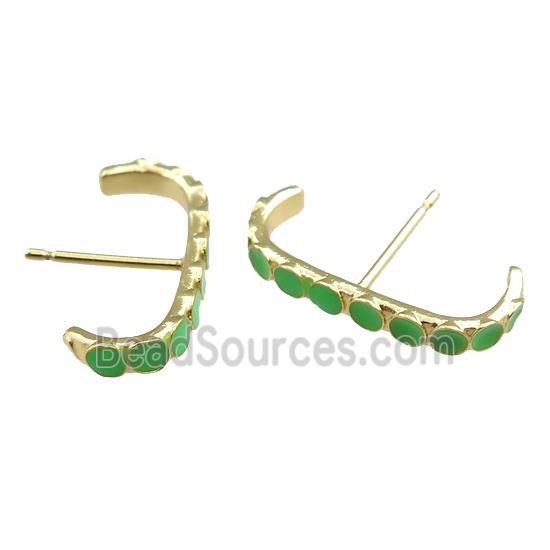 copper Stud Earrings with green enameled, gold plated