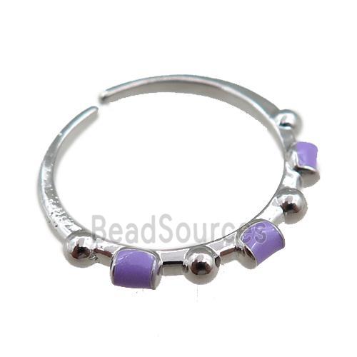 copper Rings with purple enameled, adjustable, platinum plated