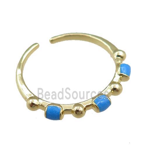 copper Rings with blue enameled, adjustable, gold plated