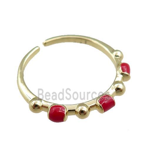 copper Rings with red enameled, adjustable, gold plated