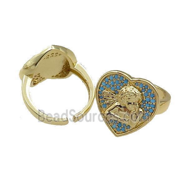 copper Rings pave blue zircon, heart, adjustable, gold plated