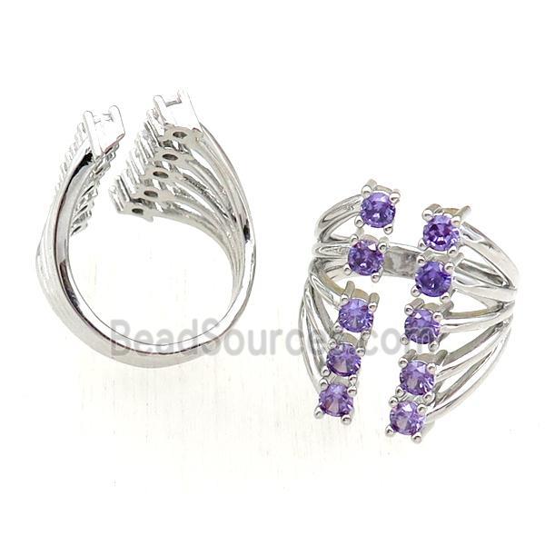 copper Rings pave purple zircon, adjustable, platinum plated