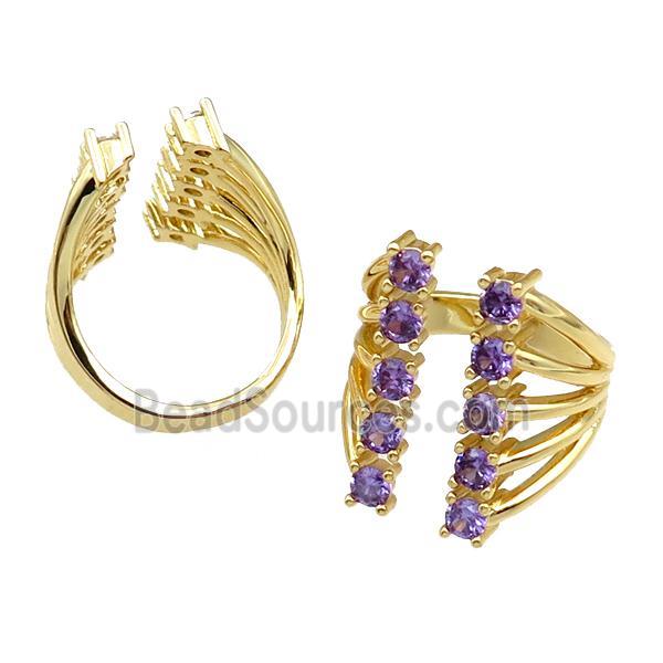 copper Rings pave purple zircon, adjustable, gold plated