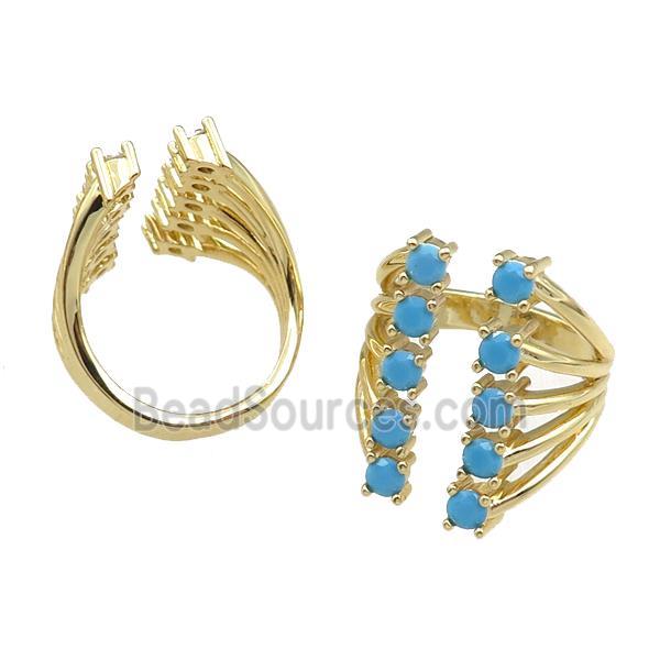 copper Rings pave blue zircon, adjustable, gold plated