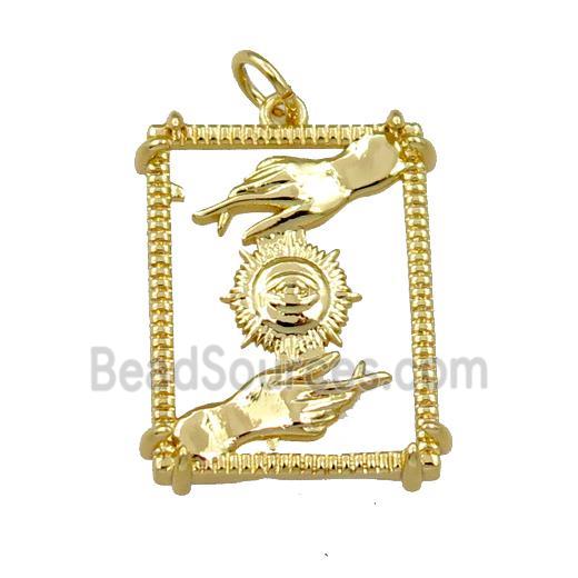 copper rectangle pendant, hand eye, gold plated