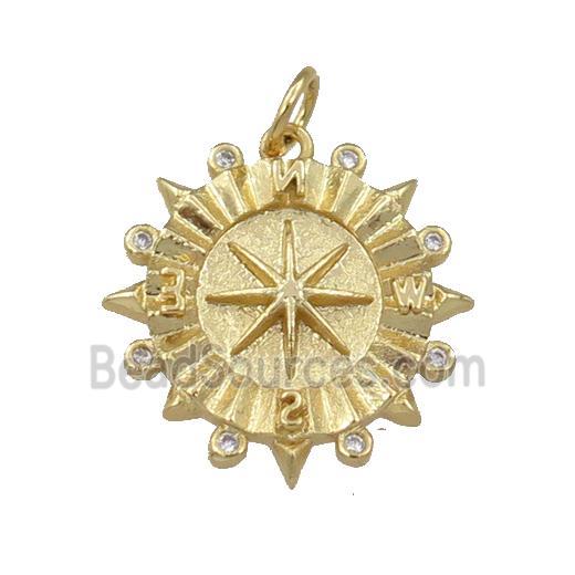 copper compass pendant pave zircon, gold plated