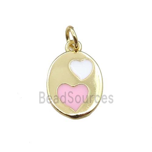 copper oval pendant with heart, enamel, gold plated