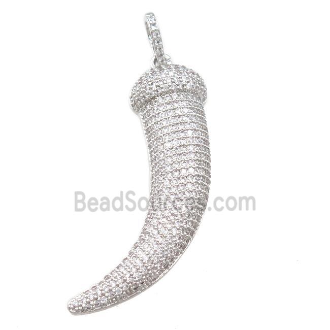 copper Horn pendant pave zircon, platinum plated