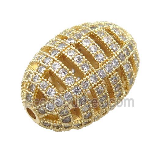 copper barrel beads pave zircon, hollow, gold plated