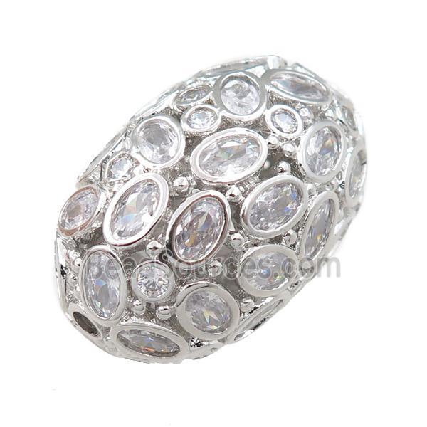 copper barrel beads pave zircon, hollow, platinum plated