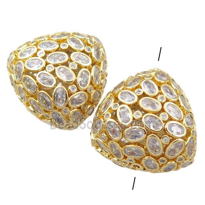copper triangle beads pave zircon, hollow, gold plated