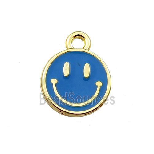 copper emoji pendant with blue enameled, smile face, gold plated