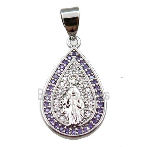 copper teardrop pendant pave zircon, jesu, platinum plated