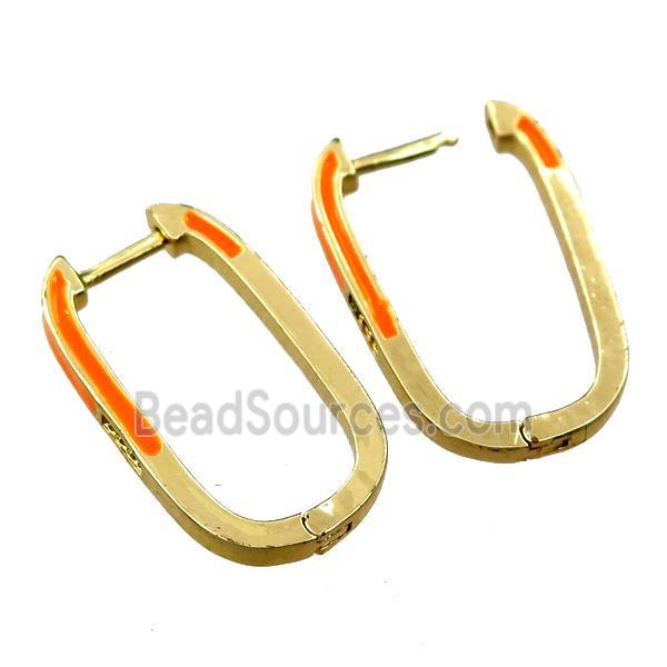 copper Latchback Earrings with orange enameled, gold plated