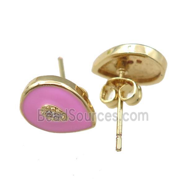 copper Stud Earring with pink enameled, teardrop, gold plated