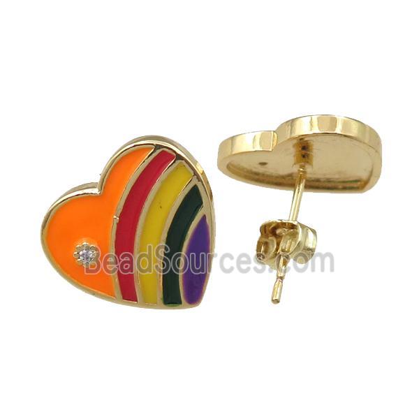 copper Stud Earring with enameled, heart, gold plated