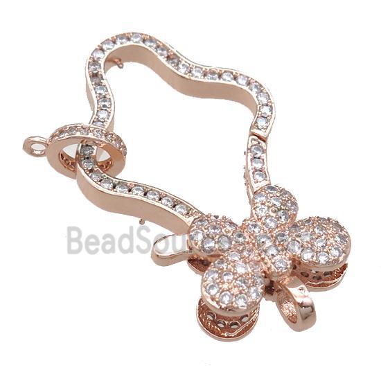 copper Carabiner Clasp paved zircon, butterfly, rose gold