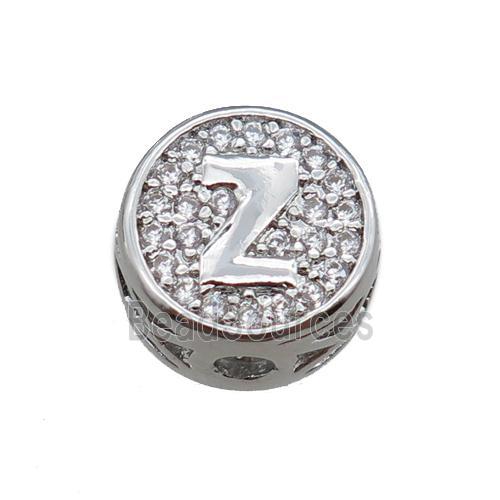 copper beads pave zircon, letter, platinum plated