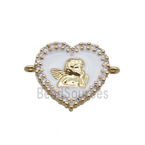 copper heart connector with angel, enameled, gold plated