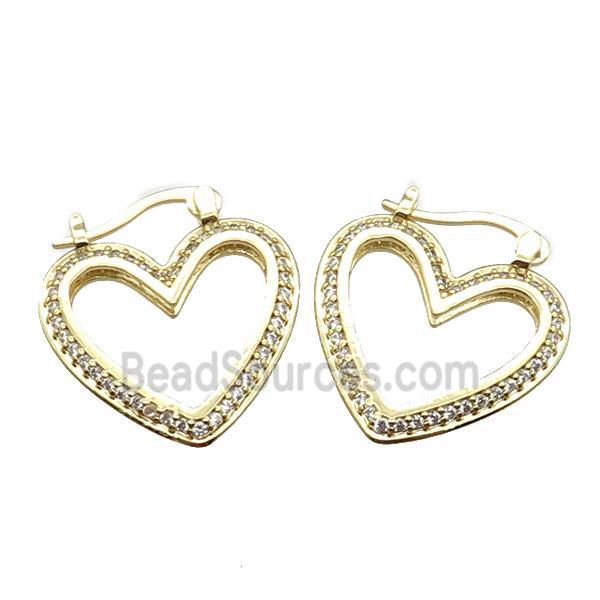 copper heart Latchback Earrings pave zircon, gold plated