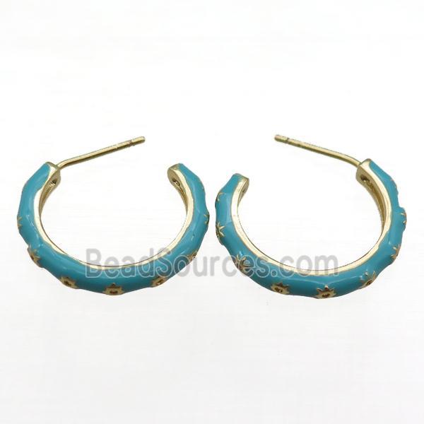 copper Stud Earrings with aqua enameled, gold plated