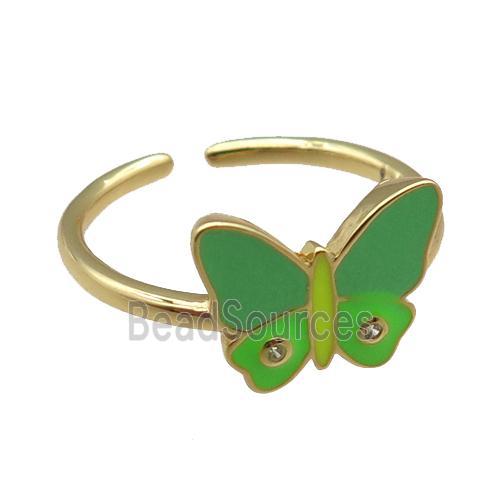 copper Rings, green enameled butterfly, adjustable, gold plated