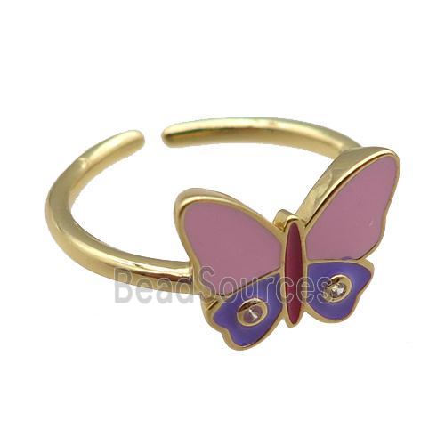 copper Rings, enameled butterfly, adjustable, gold plated