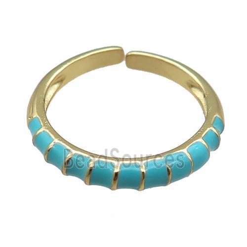 copper Rings, teal enameled, adjustable, gold plated