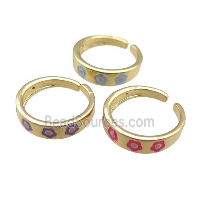 Copper Rings with enameling flower, mixed, adjustable, gold plated