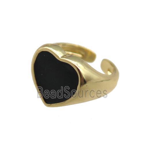 Copper Rings with black enameled heart, adjustable, gold plated