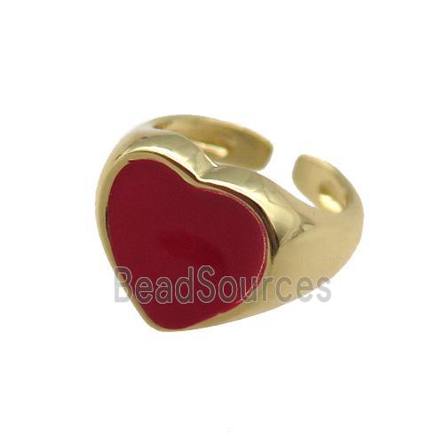 Copper Rings with red enameled heart, adjustable, gold plated