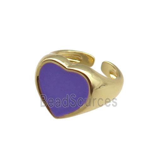 Copper Rings with purple enameled heart, adjustable, gold plated