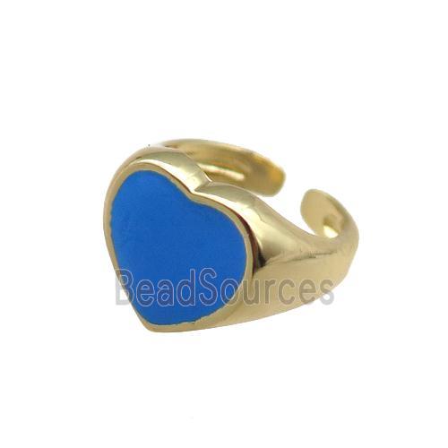 Copper Rings with blue enameled heart, adjustable, gold plated