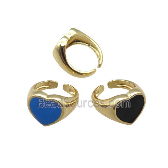 Copper Rings with enameled heart, mix, adjustable, gold plated