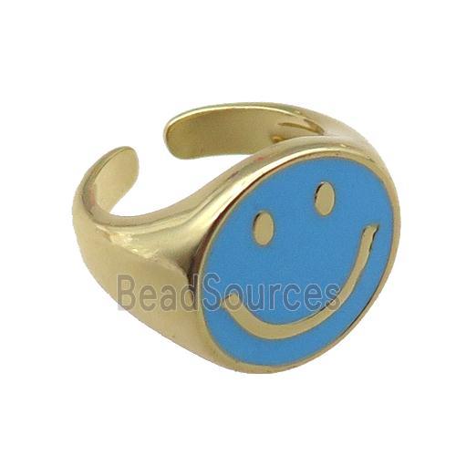 copper rings with blue enameled smileface emoji, adjustable, gold plated